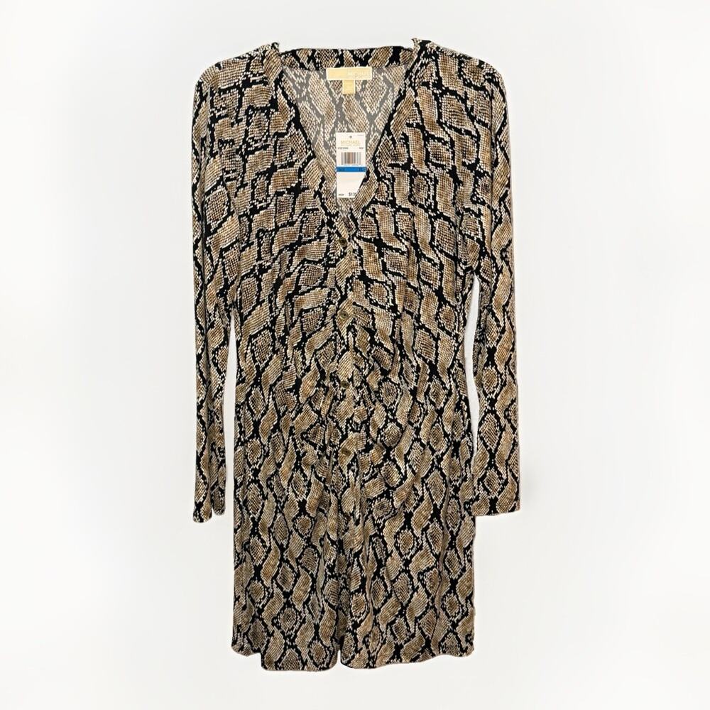 Michael Michael Kors Snake-Print Long Sleeve Button Front Ruched Dress XL